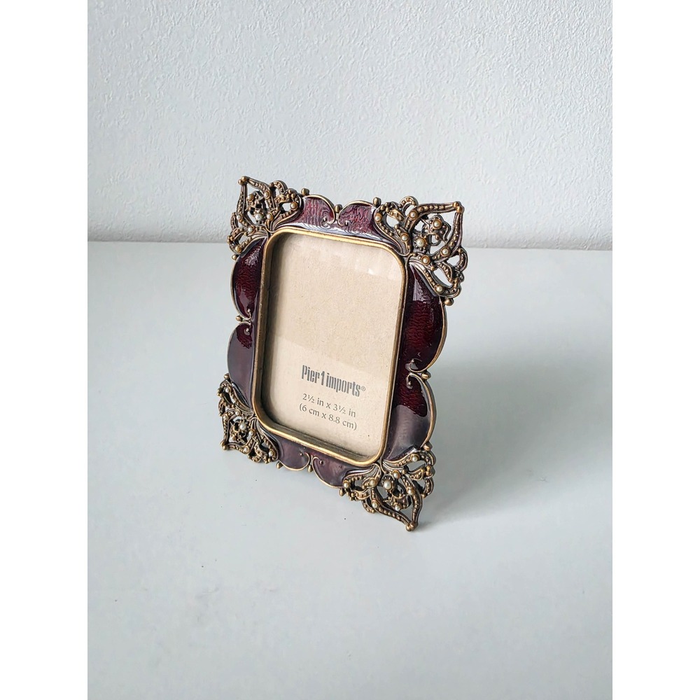 Pier 1 Imports Ornate Burgundy Enamel Faux Pearl Picture Frame 2.5x3.5 Vintage